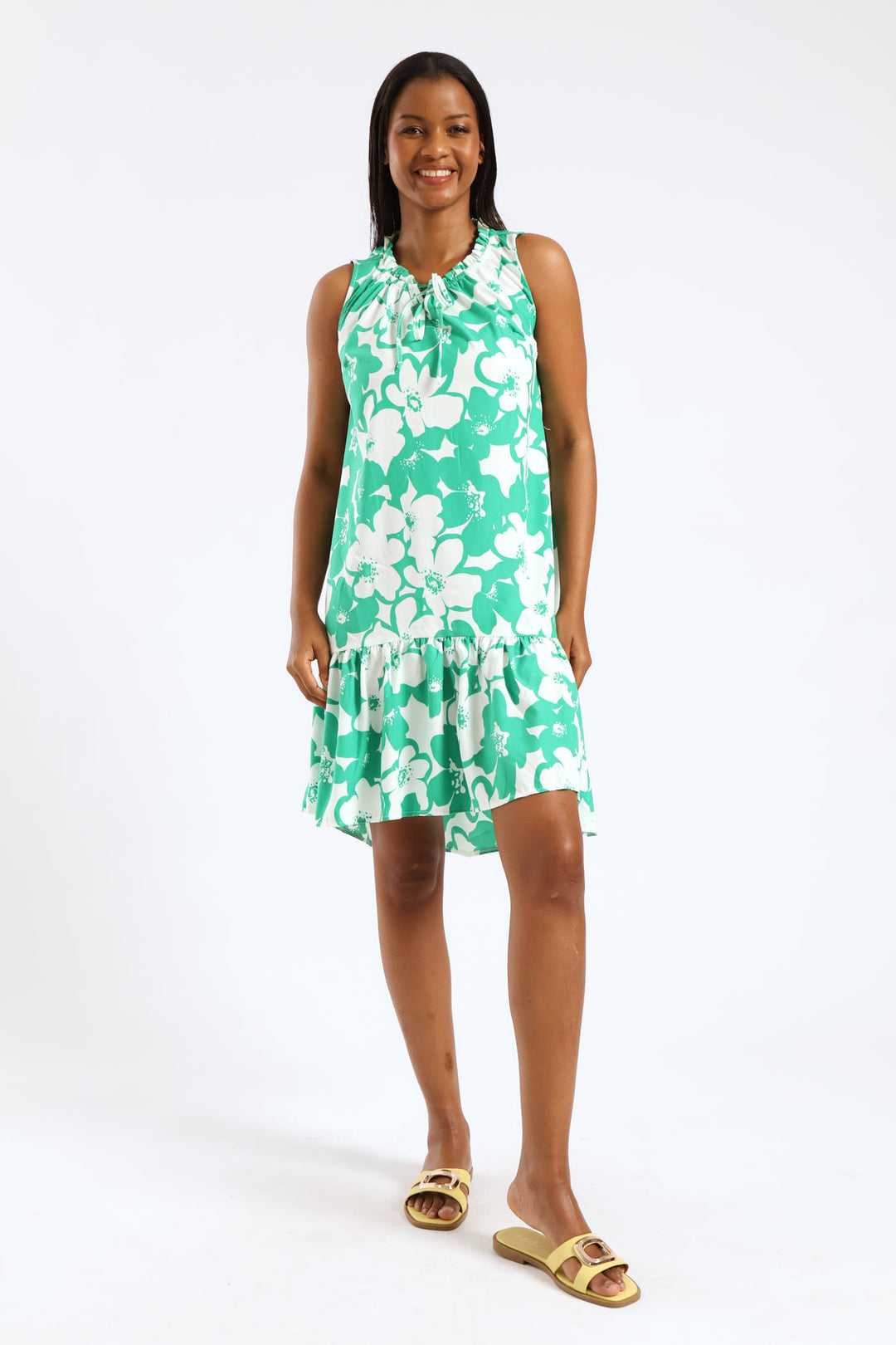 Frill Neck Printed Drop Hem Dress - White/Green