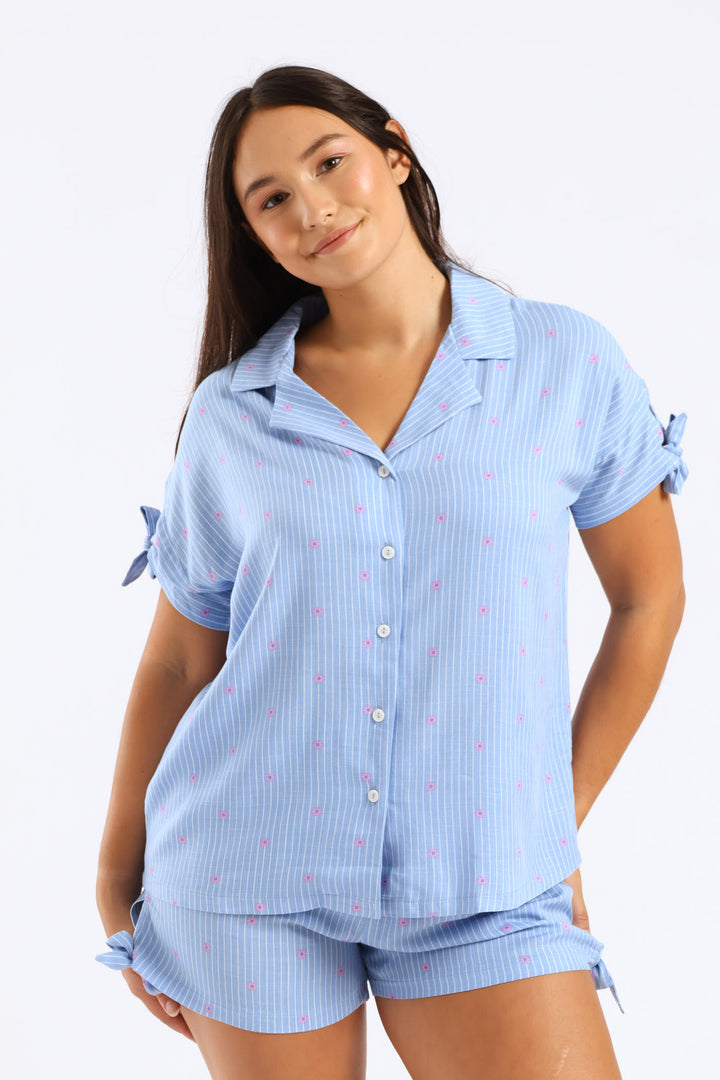 Bow Detail Button Through Linen Blend Set - Blue