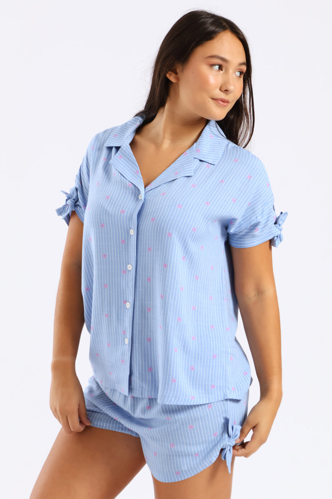 Bow Detail Button Through Linen Blend Set - Blue