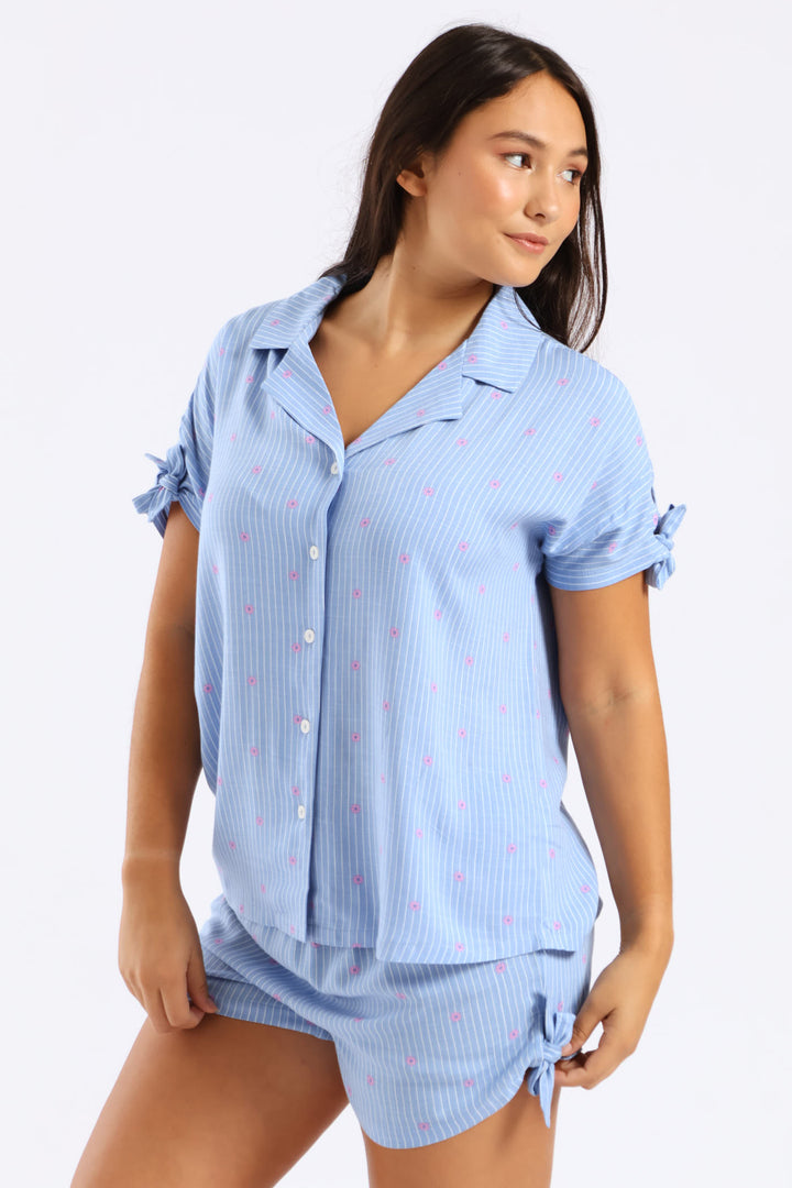 Bow Detail Button Through Linen Blend Set - Blue