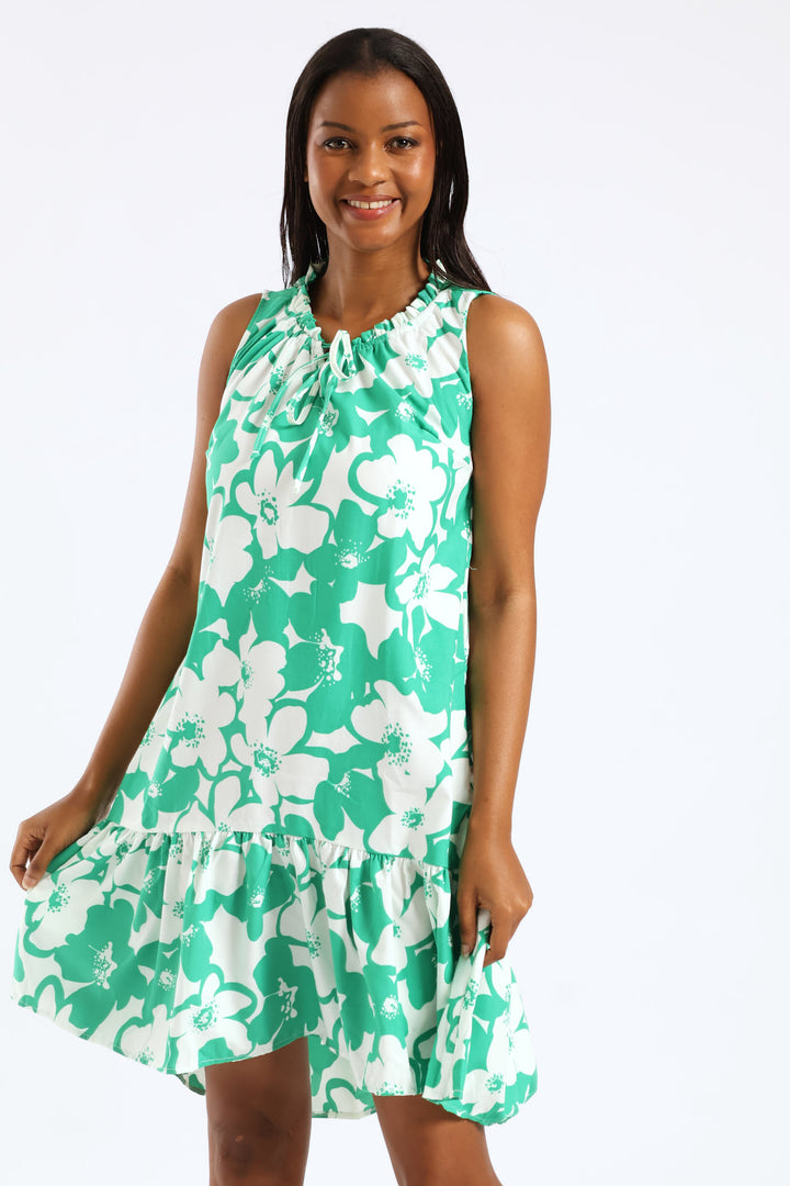 Frill Neck Printed Drop Hem Dress - White/Green