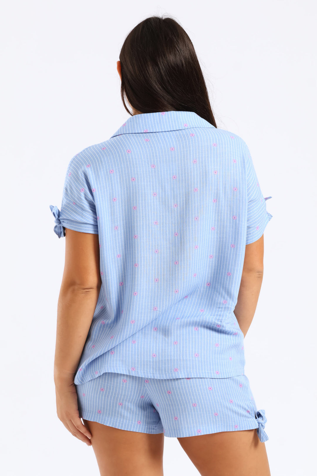 Bow Detail Button Through Linen Blend Set - Blue