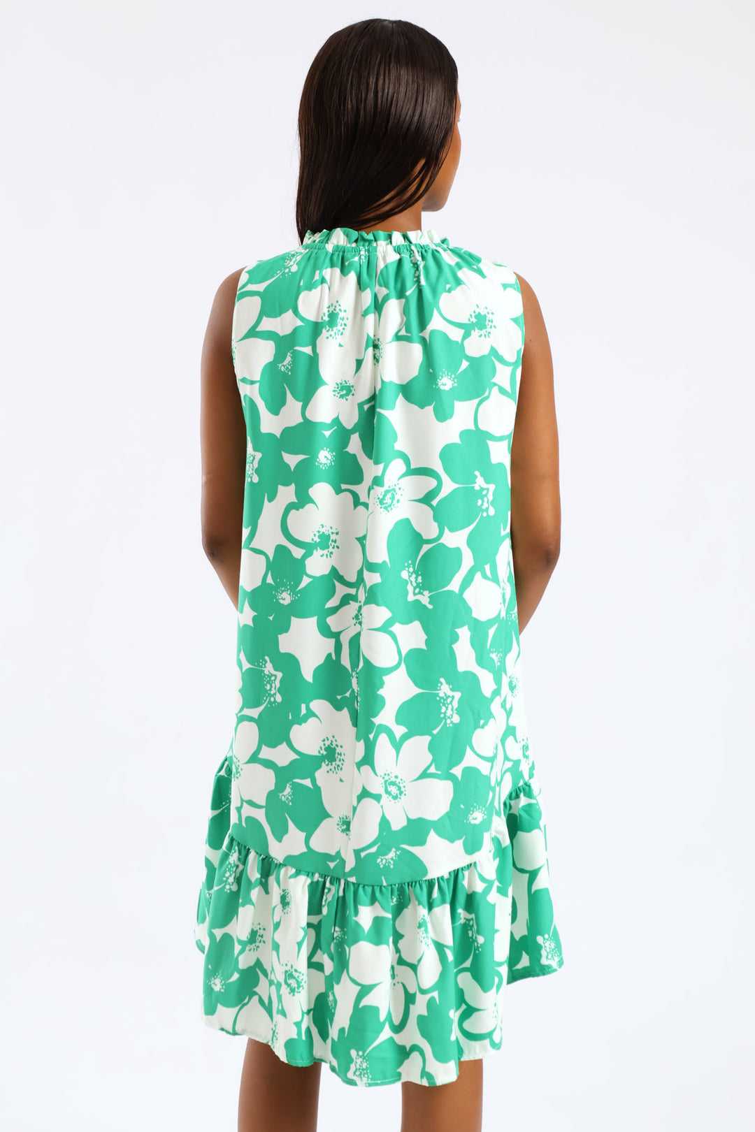 Frill Neck Printed Drop Hem Dress - White/Green