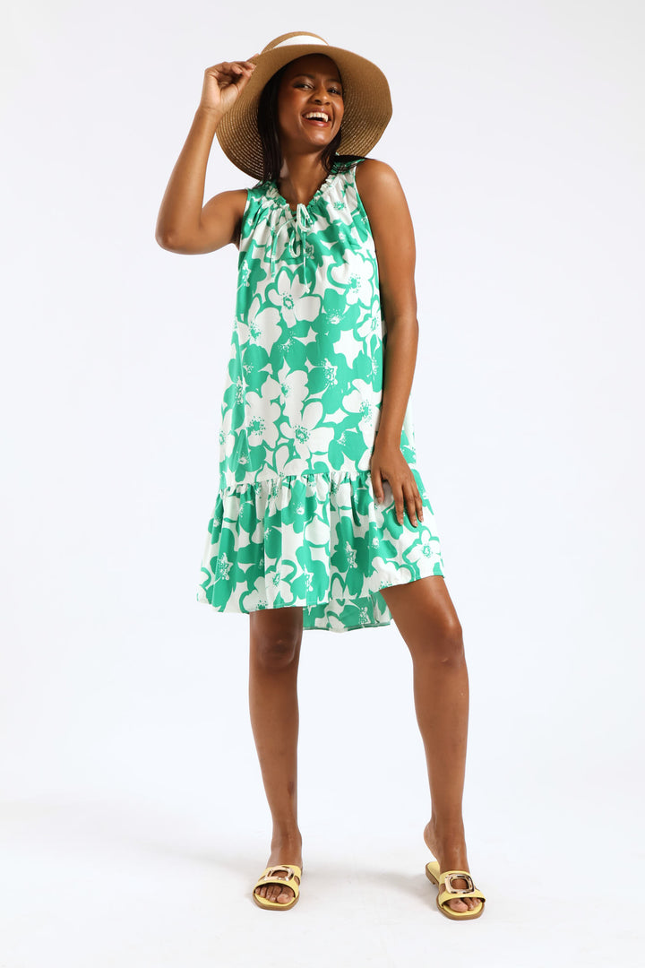 Frill Neck Printed Drop Hem Dress - White/Green