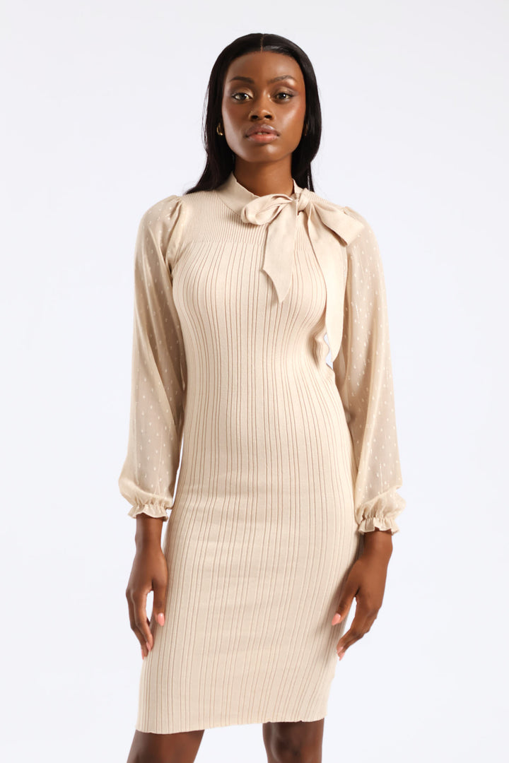 Kitty Bow Knitwear Combo Dress - Stone