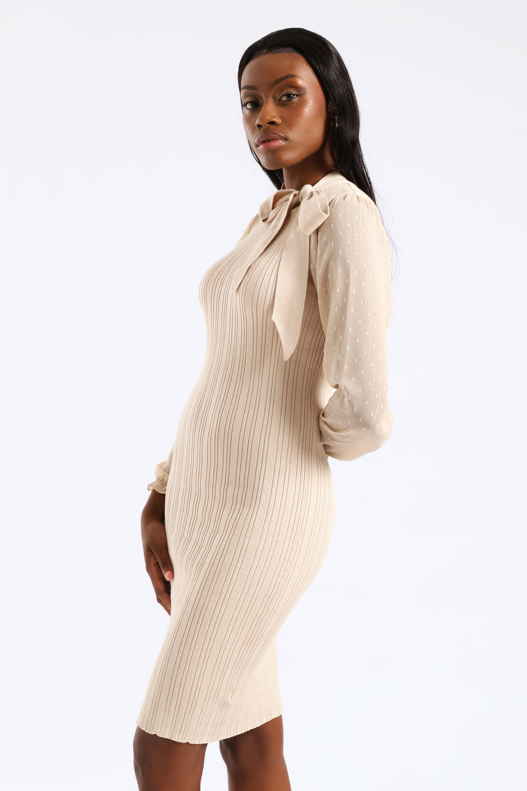 Kitty Bow Knitwear Combo Dress - Stone