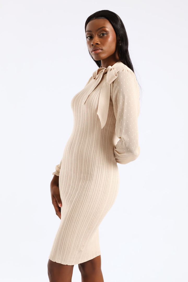 Kitty Bow Knitwear Combo Dress - Stone