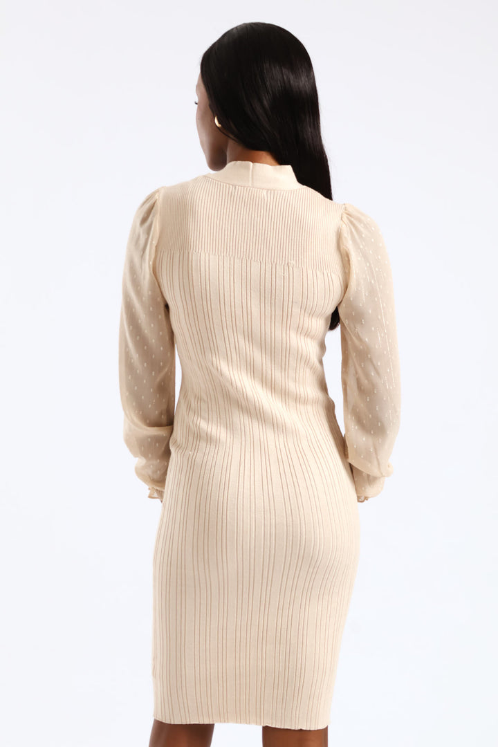 Kitty Bow Knitwear Combo Dress - Stone