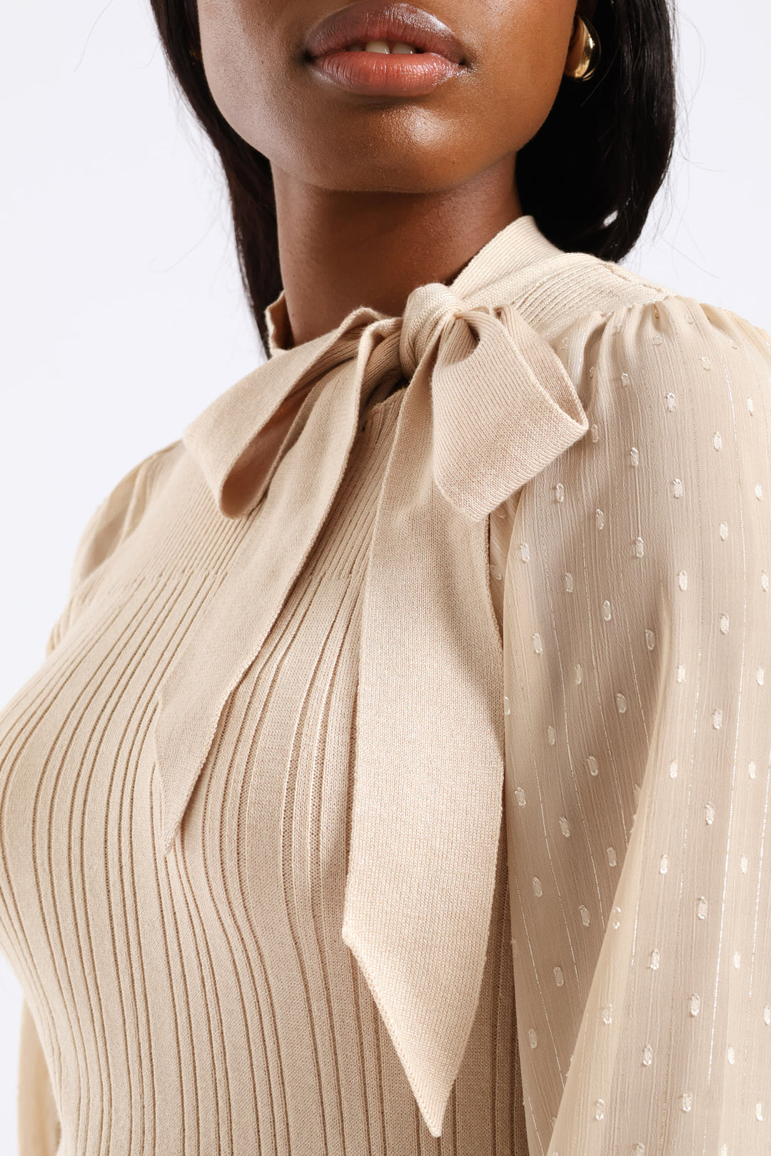 Kitty Bow Knitwear Combo Dress - Stone