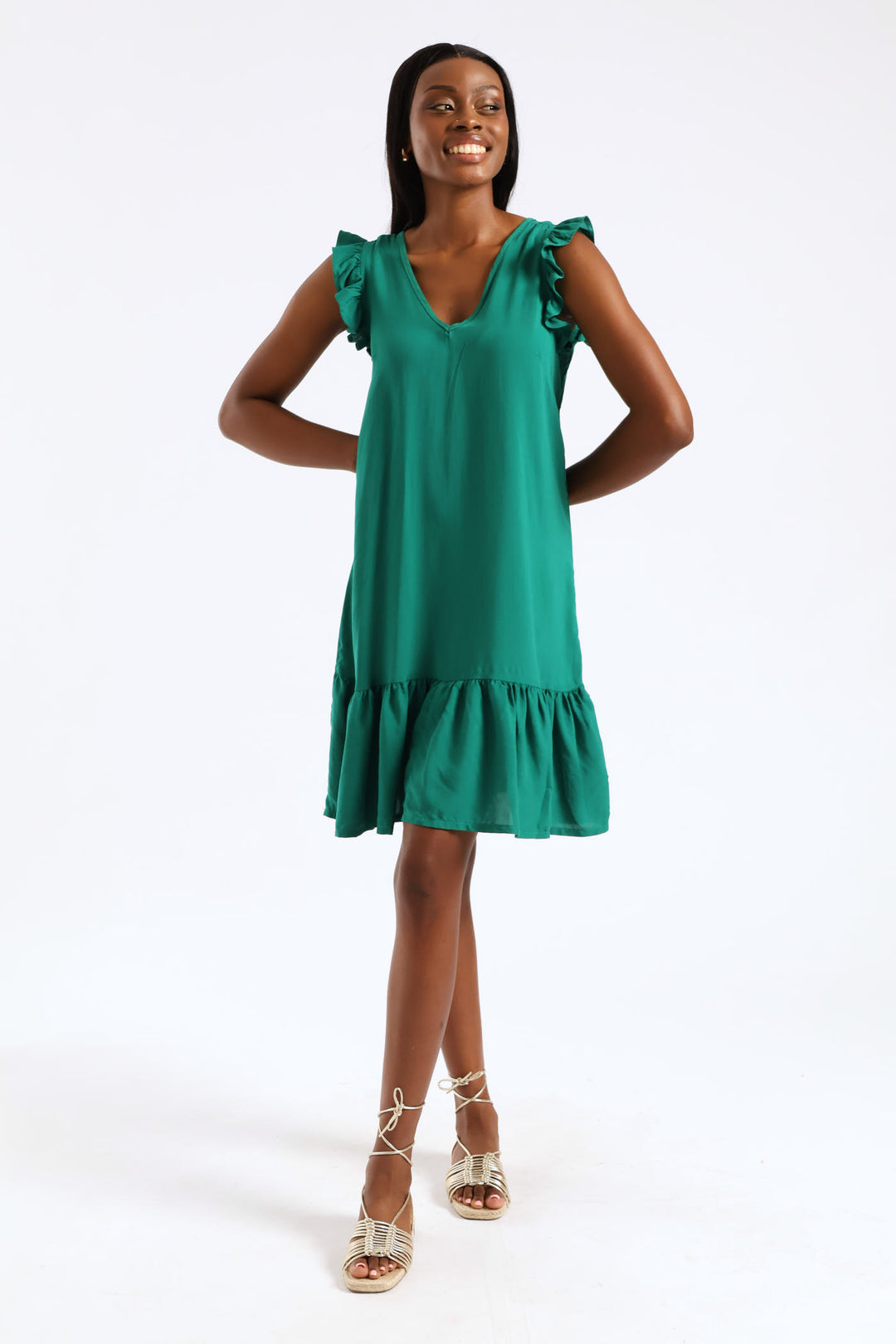 V-Neck Frill Sleeve Tie Detail Drop Hem Mini Dress - Meadow Green