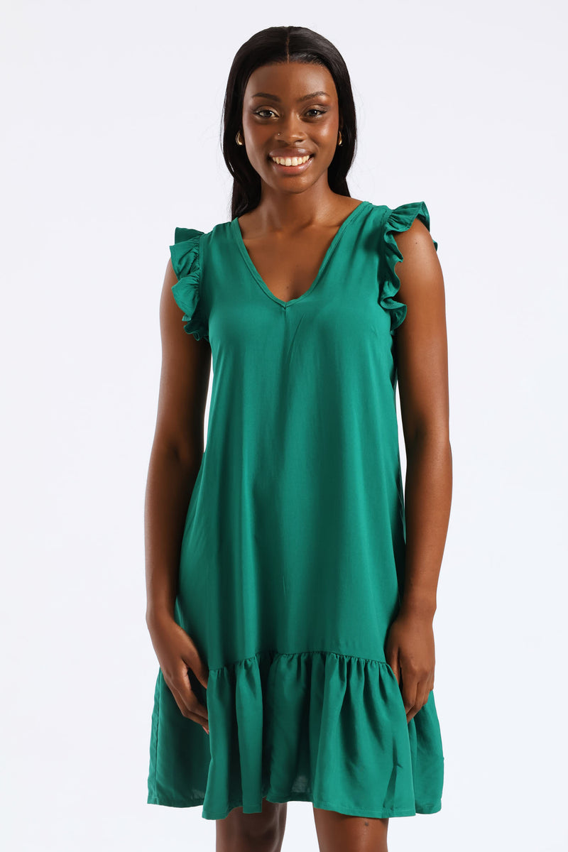 V-Neck Frill Sleeve Tie Detail Drop Hem Mini Dress - Meadow Green