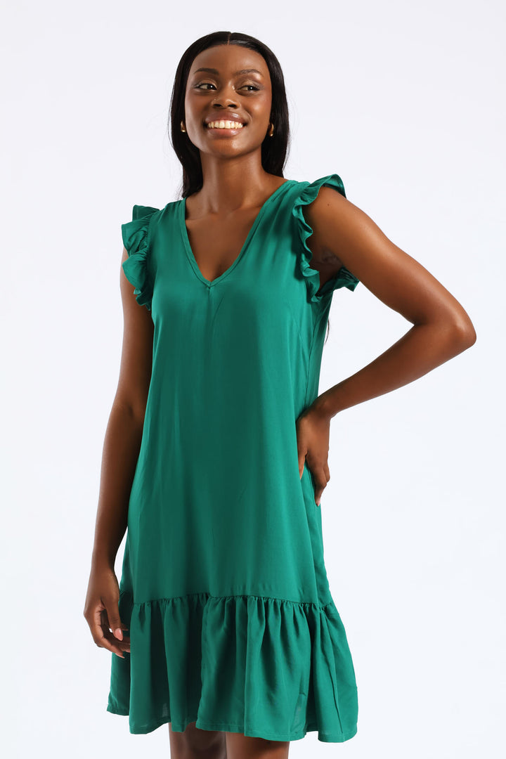 V-Neck Frill Sleeve Tie Detail Drop Hem Mini Dress - Meadow Green