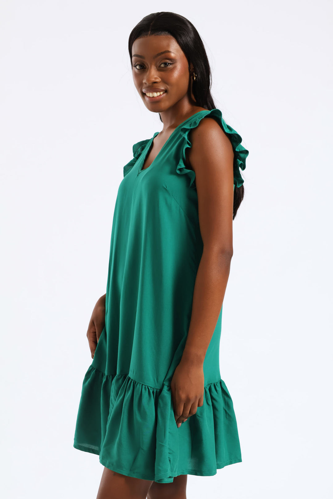 V-Neck Frill Sleeve Tie Detail Drop Hem Mini Dress - Meadow Green