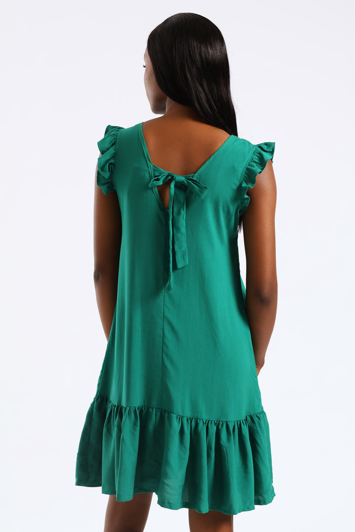 V-Neck Frill Sleeve Tie Detail Drop Hem Mini Dress - Meadow Green