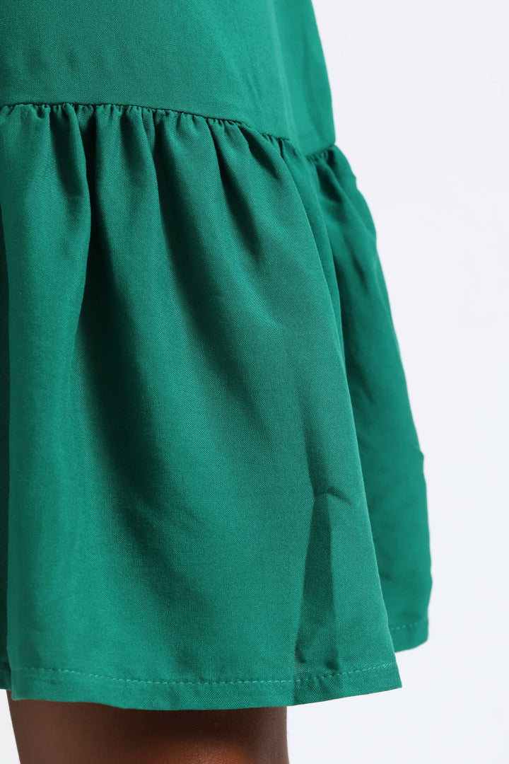 V-Neck Frill Sleeve Tie Detail Drop Hem Mini Dress - Meadow Green