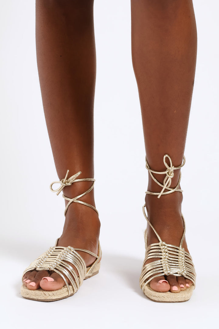 Multistrap Lace Up Sandal On Espadrille Outsole - Gold