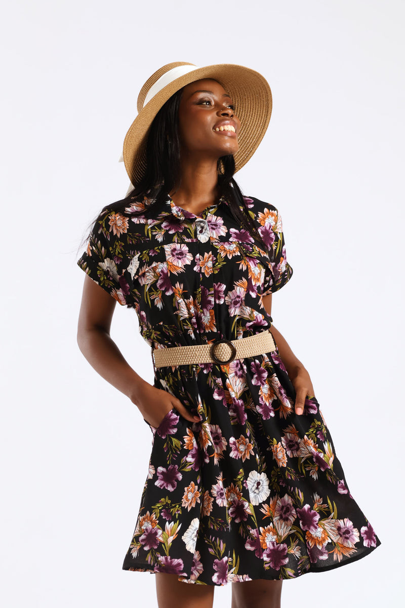 Short Sleeve Raffia Belt Utility Mini Dress - Multi