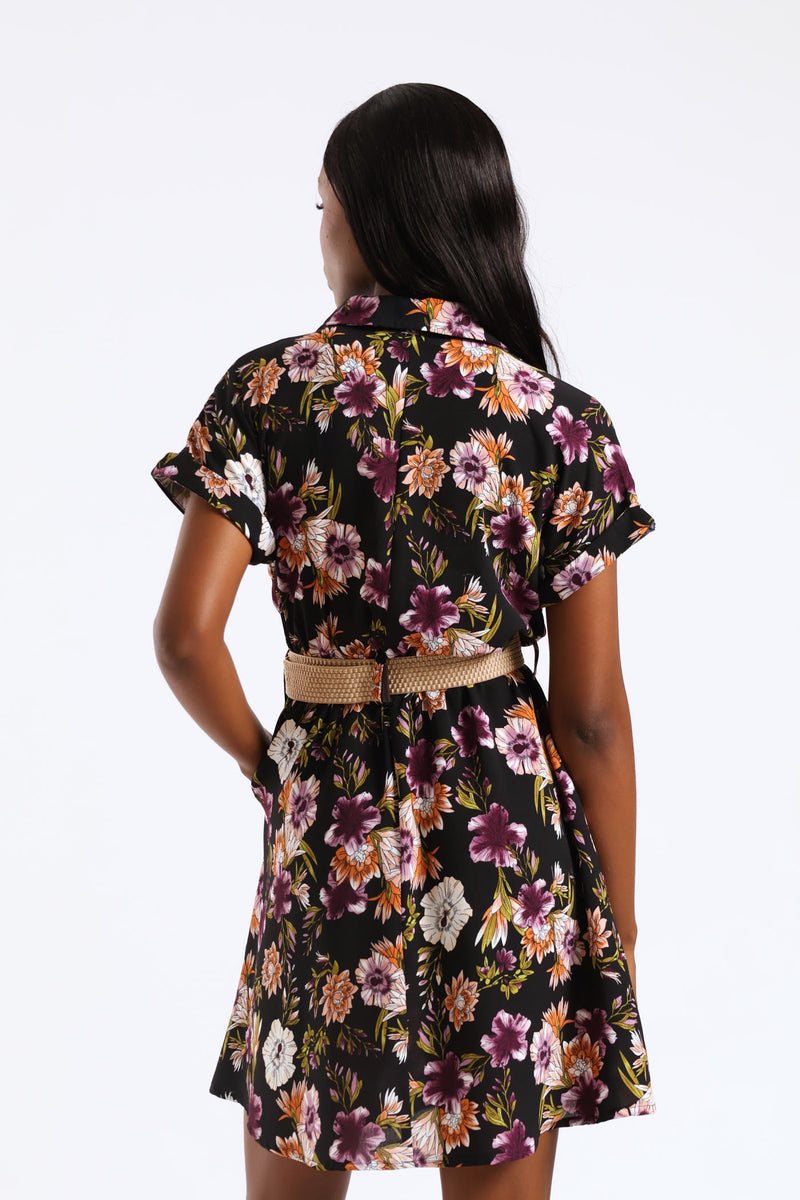 Short Sleeve Raffia Belt Utility Mini Dress - Multi