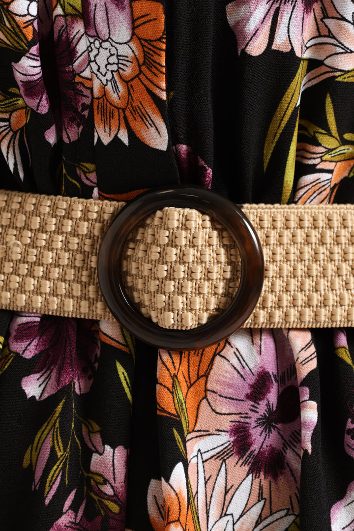 Short Sleeve Raffia Belt Utility Mini Dress - Multi