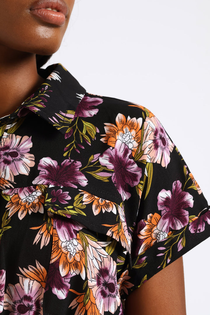 Short Sleeve Raffia Belt Utility Mini Dress - Multi