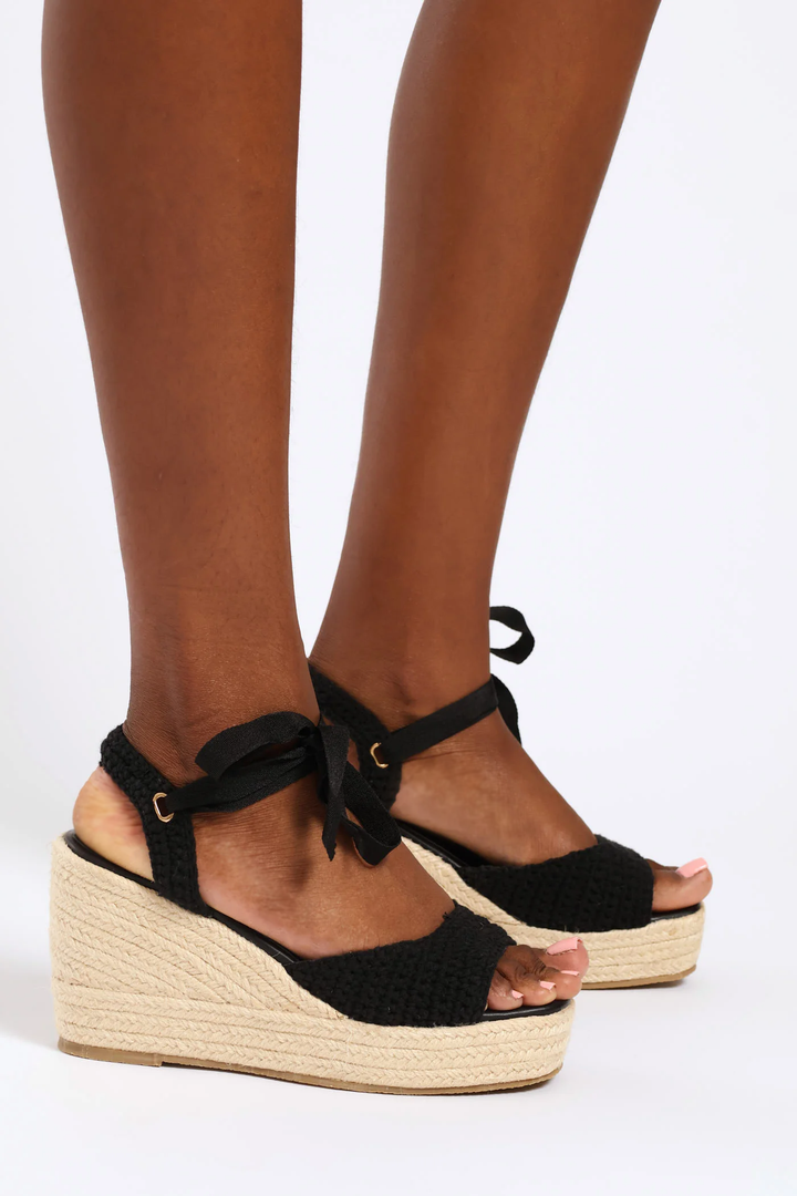 Open Toe Weaved Lace Up Wedge Heel - Black