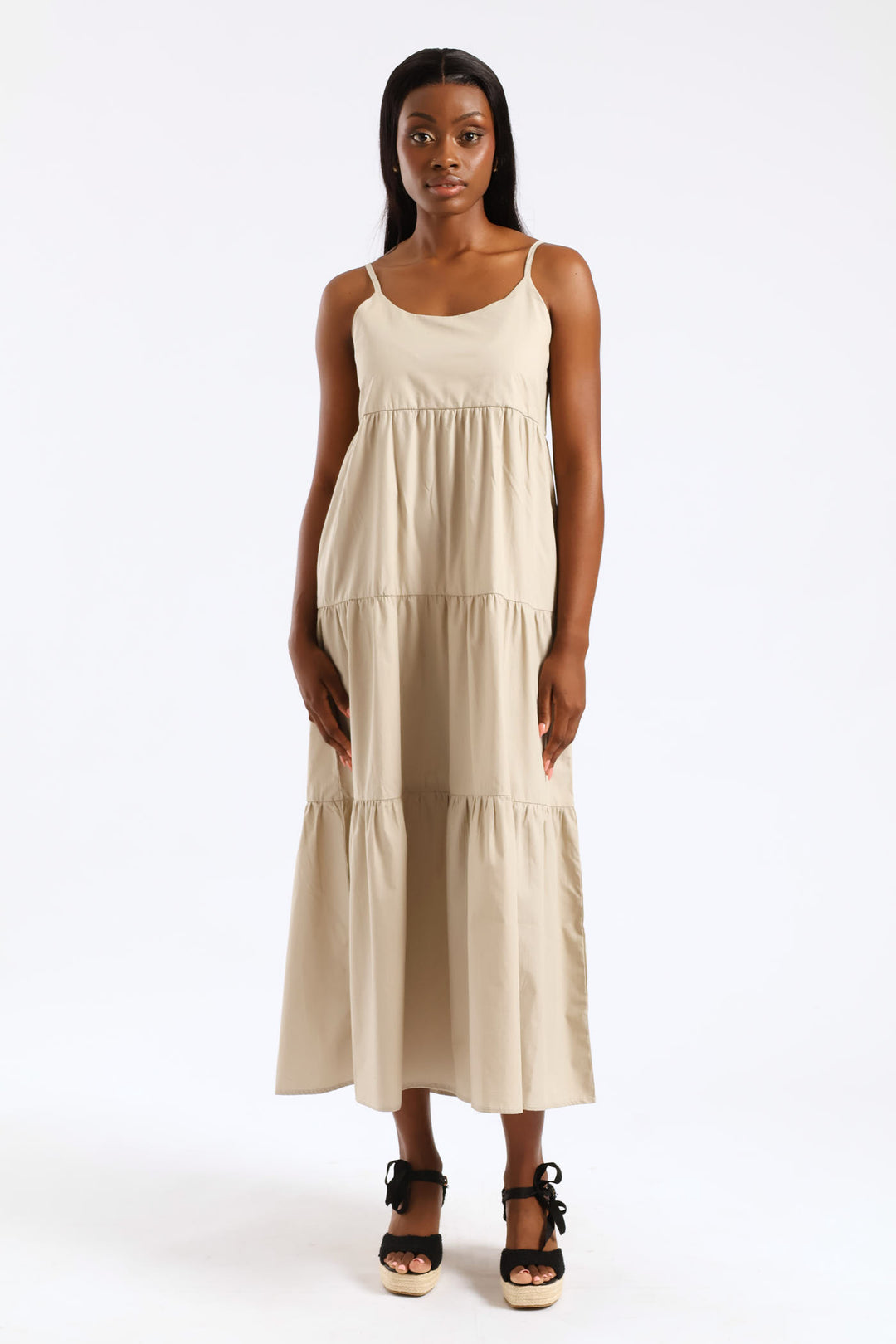 Strappy Tiered Poplin Maxi Dress - Taupe