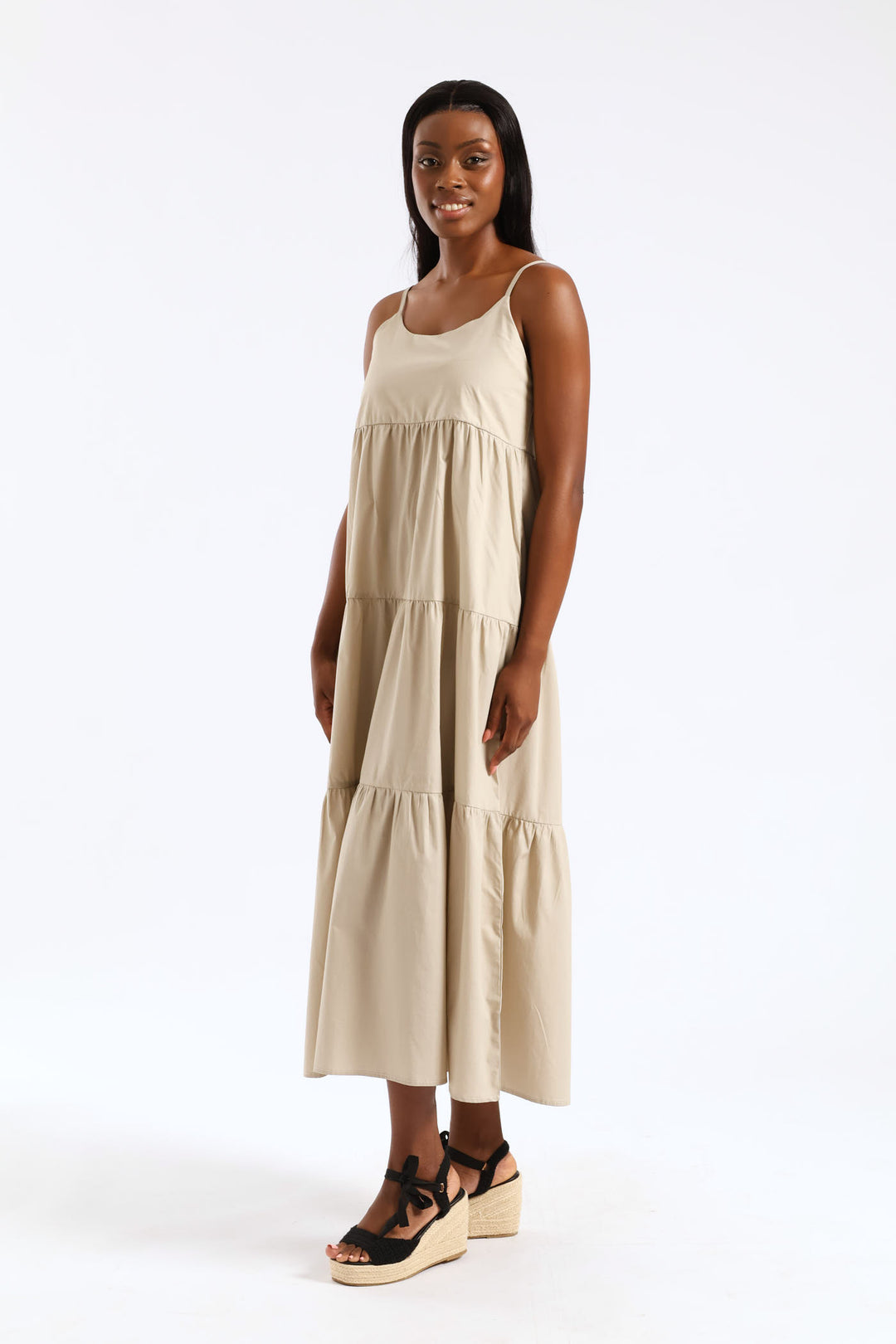 Strappy Tiered Poplin Maxi Dress - Taupe