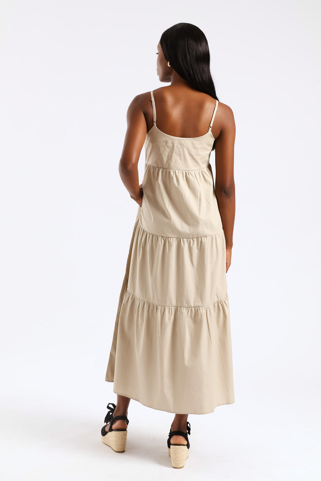 Strappy Tiered Poplin Maxi Dress - Taupe
