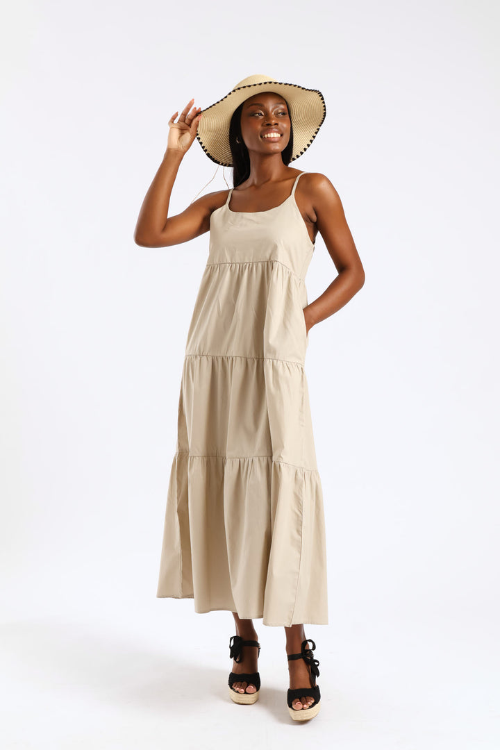 Strappy Tiered Poplin Maxi Dress - Taupe