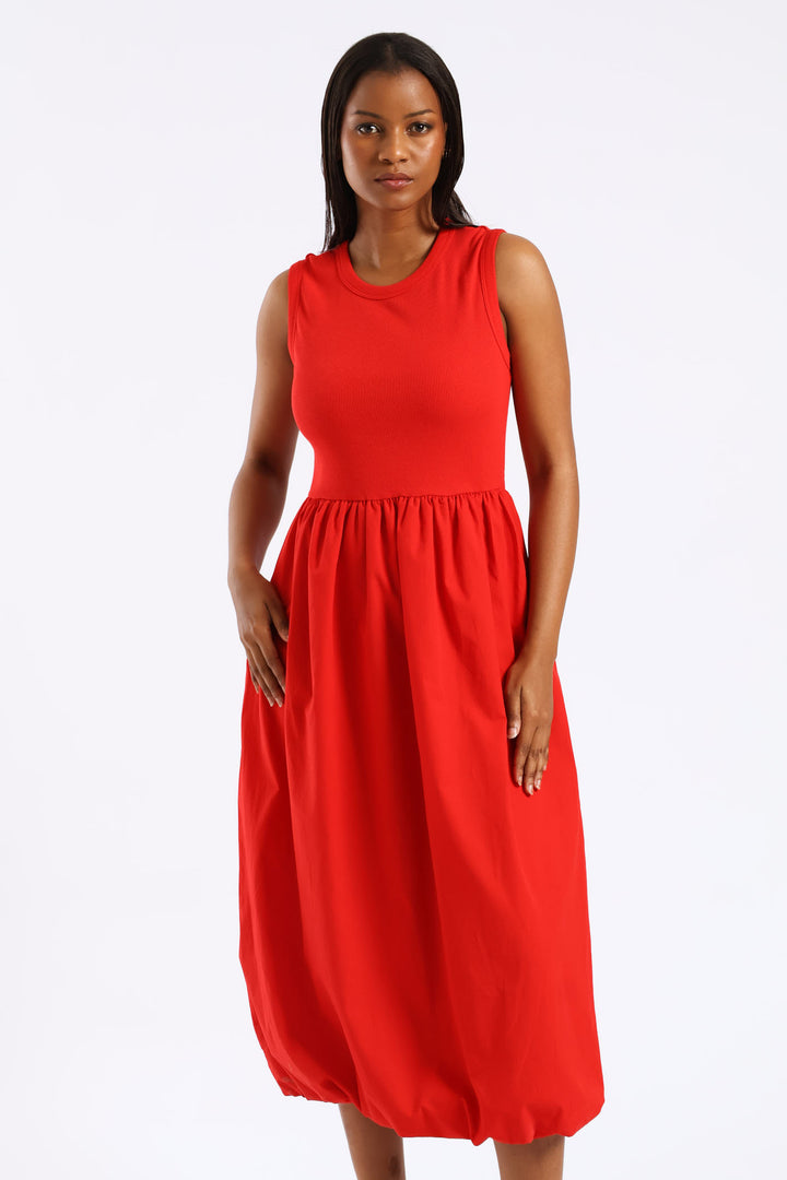 Rib Combo Bubble Hem Midaxi Dress - Mid Red