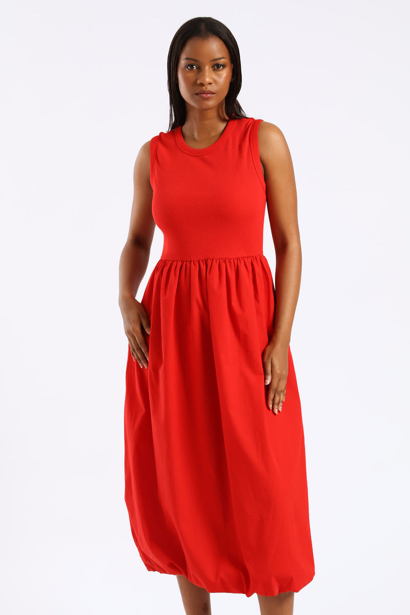 Rib Combo Bubble Hem Midaxi Dress - Mid Red