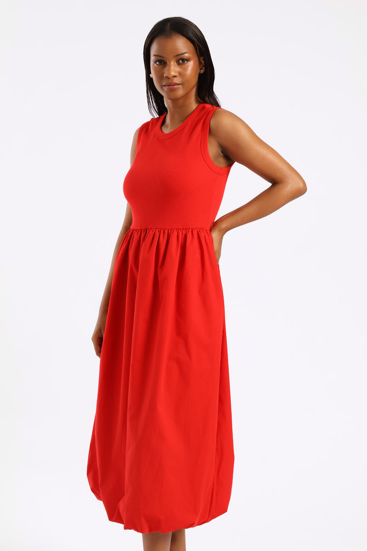 Rib Combo Bubble Hem Midaxi Dress - Mid Red