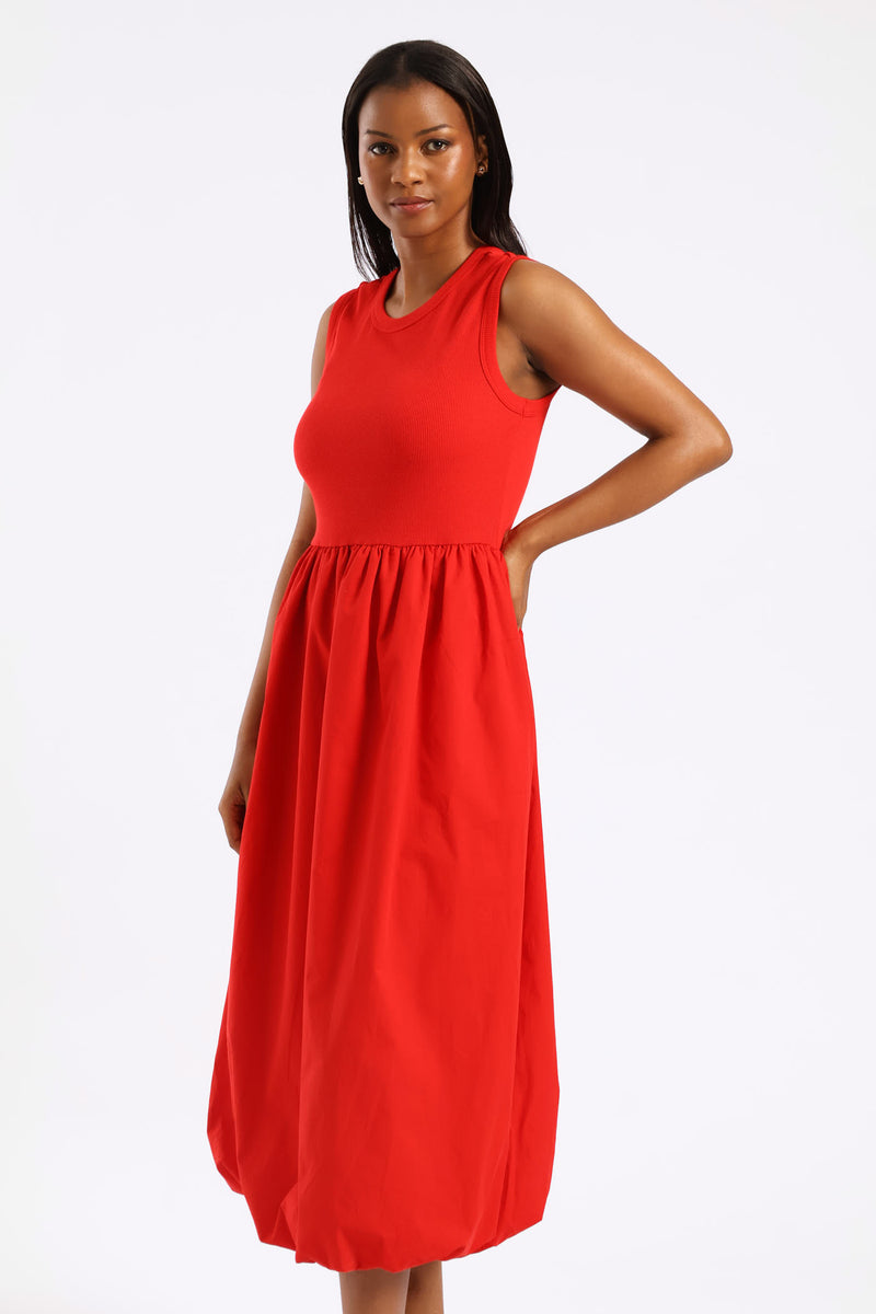 Rib Combo Bubble Hem Midaxi Dress - Mid Red