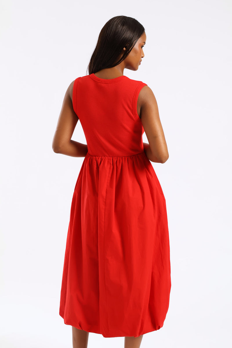 Rib Combo Bubble Hem Midaxi Dress - Mid Red