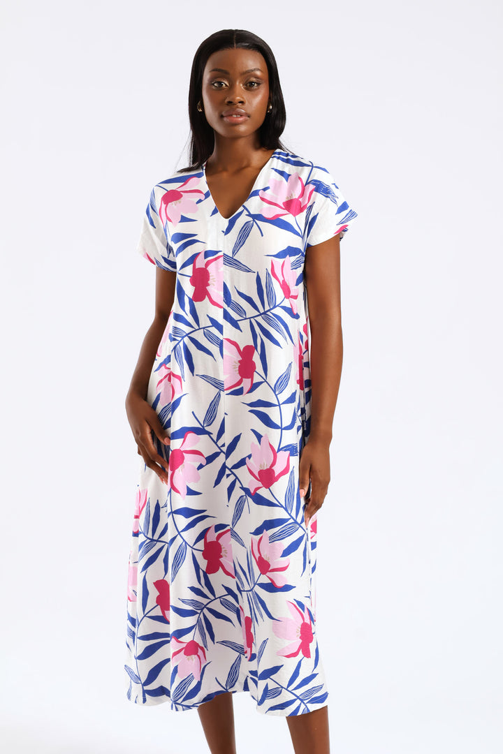 V-Neck Flared Kaftan Midi Dress - White/Blue
