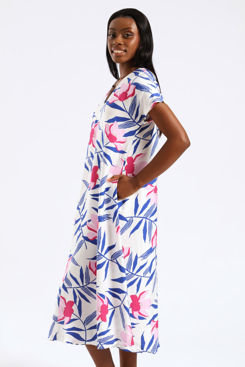 V-Neck Flared Kaftan Midi Dress - White/Blue