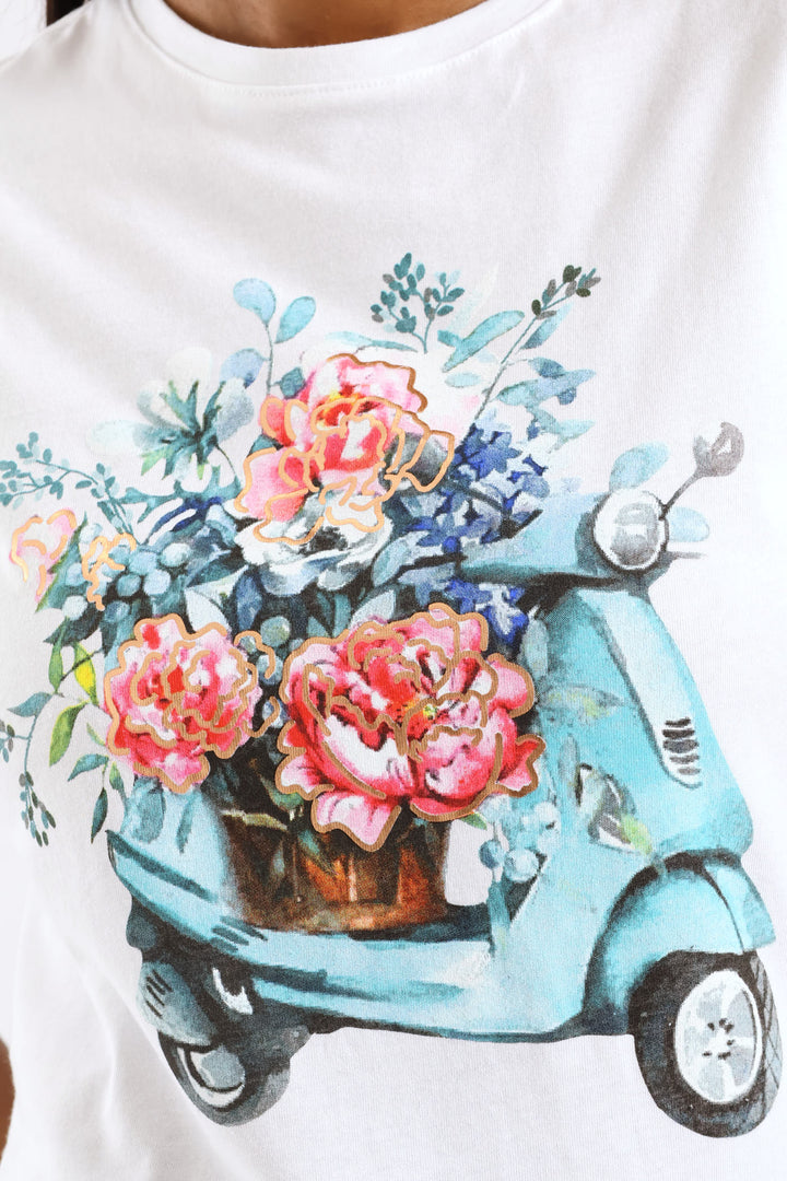 Scooter In Bloom Tee - White