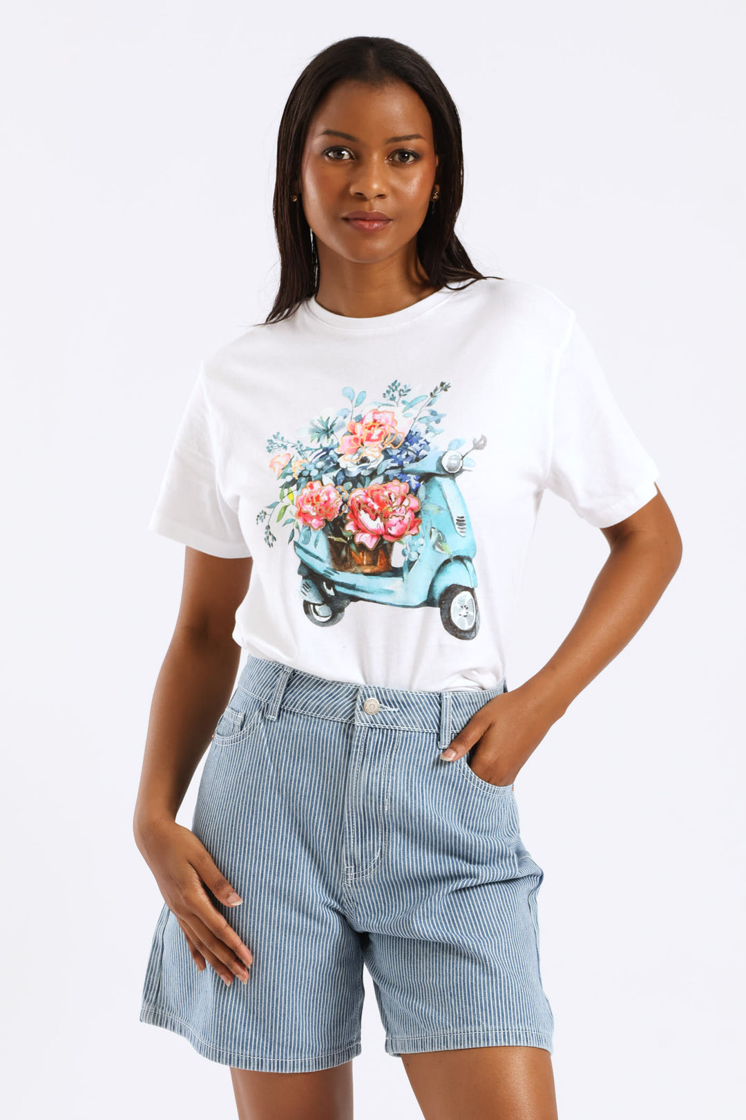 Pinstripe Denim Mid Thigh Short - Mid Wash