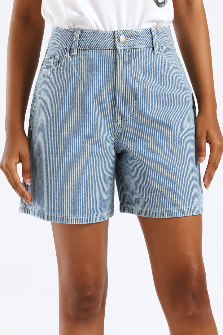 Pinstripe Denim Mid Thigh Short - Mid Wash