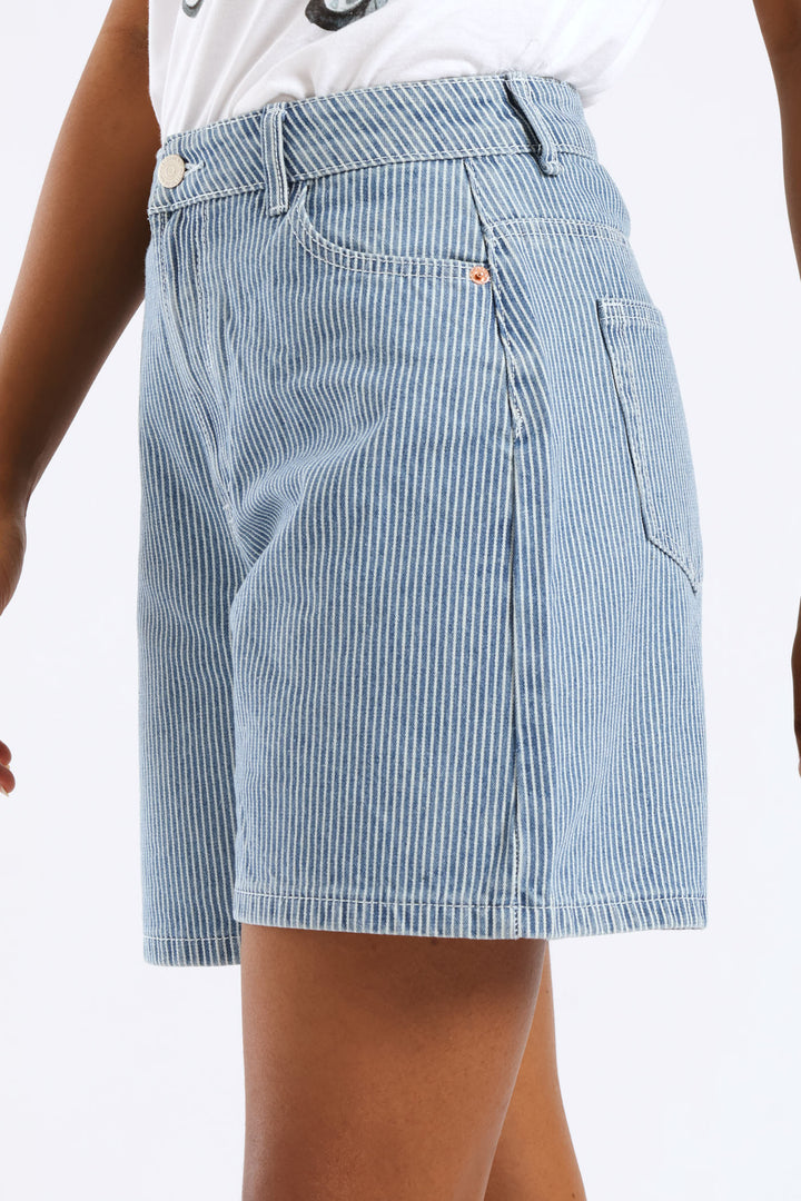 Pinstripe Denim Mid Thigh Short - Mid Wash