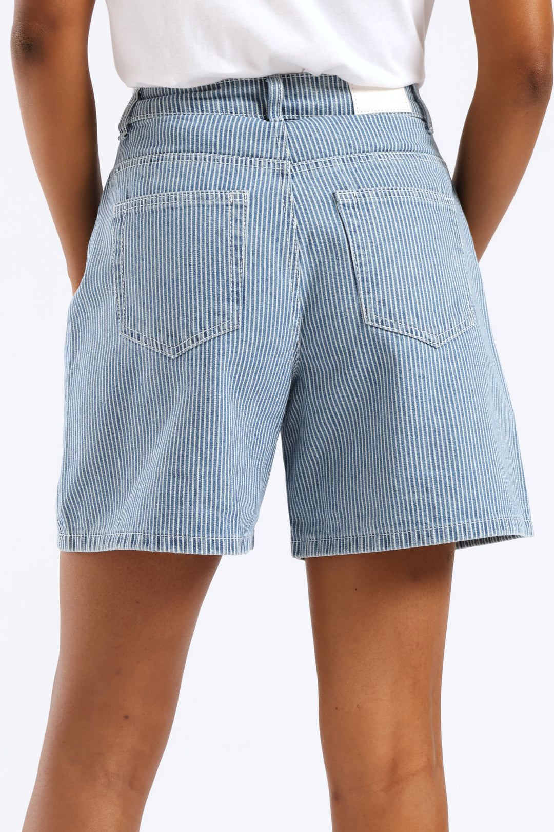 Pinstripe Denim Mid Thigh Short - Mid Wash