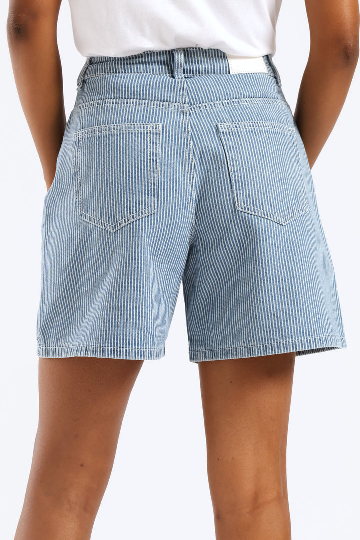 Pinstripe Denim Mid Thigh Short - Mid Wash
