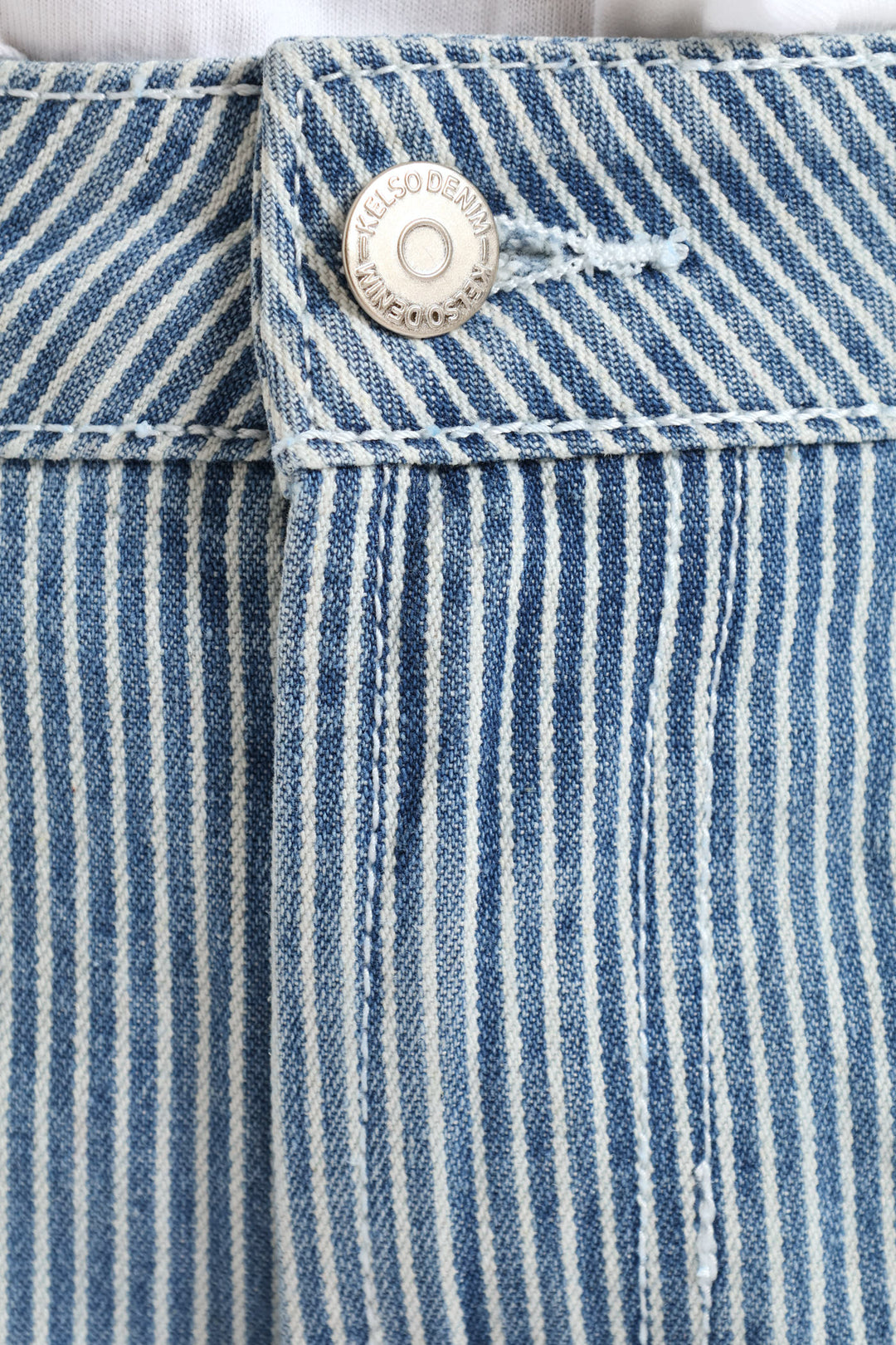 Pinstripe Denim Mid Thigh Short - Mid Wash