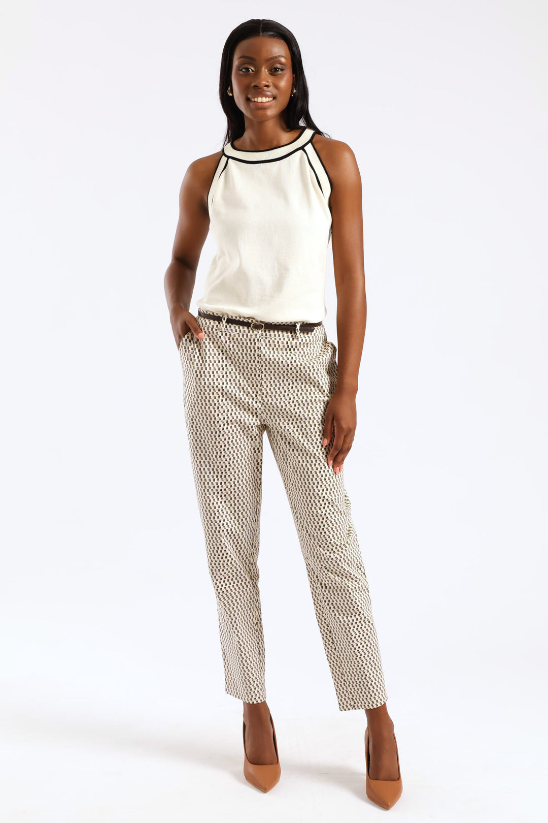 Belted Geo Chino Pant - Cream