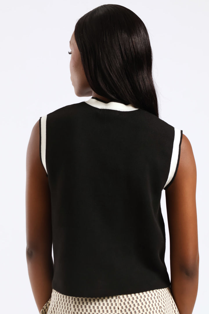 V-Neck Button Through Sweater Vest - Black/Cream