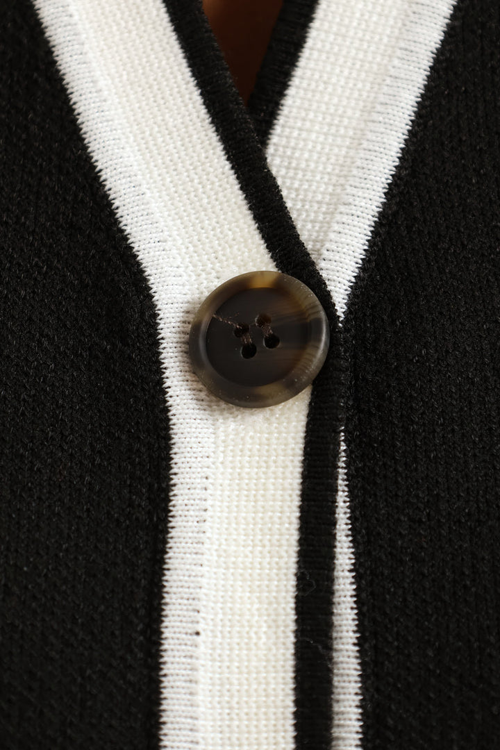 V-Neck Button Through Sweater Vest - Black/Cream