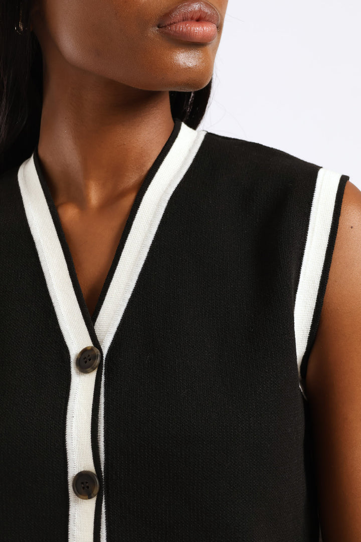 V-Neck Button Through Sweater Vest - Black/Cream