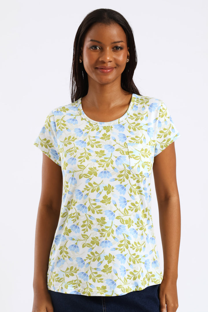 Soft Floral Leaves Print Pocket Tee - Green/Blue