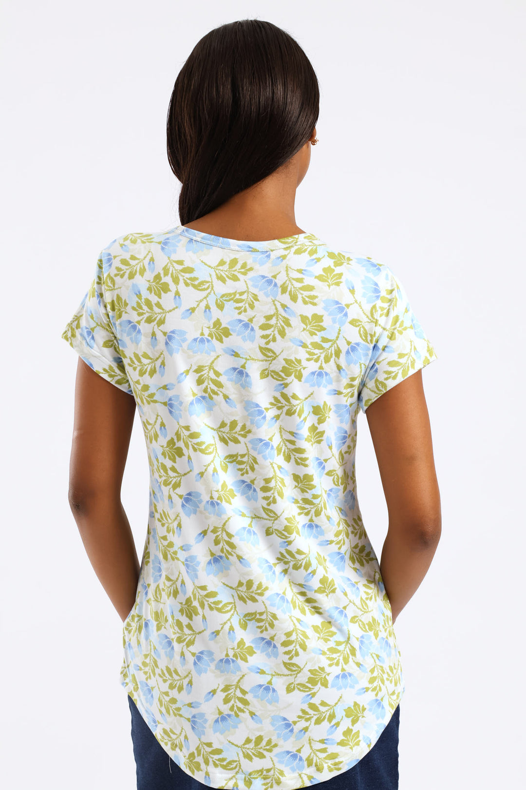 Soft Floral Leaves Print Pocket Tee - Green/Blue