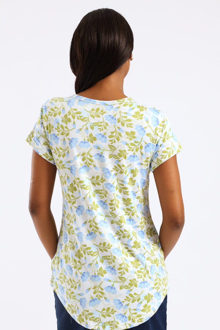 Soft Floral Leaves Print Pocket Tee - Green/Blue